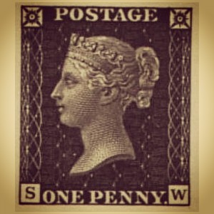 This stamp is known as the Penny Black the stamp bares the image of Queen Victoria